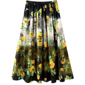 ZARA Floral Print Midi Skirt High Waisted Size S 100% Cotton Zip Side Closure